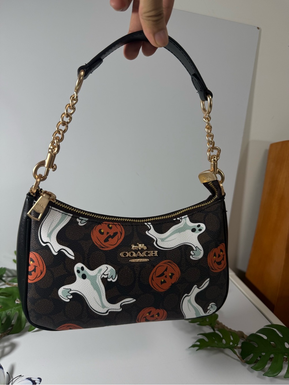Coach Black Halloween Ghost & Pumpkin Shoulder Bag with Gold Hardware